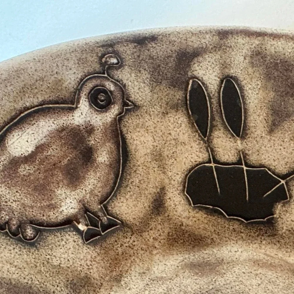 Mary 4 Mexico brown and tan ceramic plate with baby quail and bushes